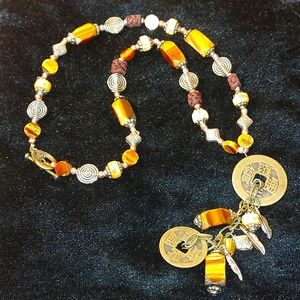 Asian Tiger's Eye Gemstone Necklace with Chinese Good Luck Coins